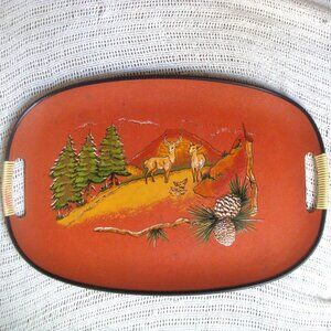Vintage Cabincore Woodland Deer Scene Oval Tray